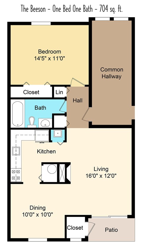 A floor plan of a 704 square foot home with one bedroom, one bath, and a living area.